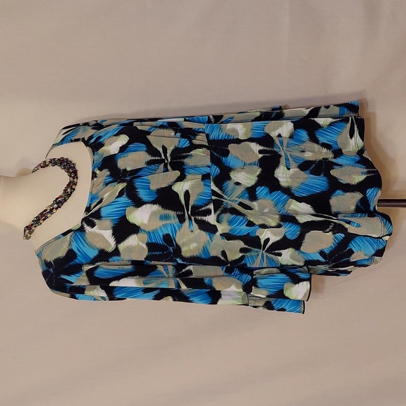 ‼️3 for $30‼️  CJ Banks Blue Green and Black Square Neck 3/4 Ruffle Sleeve Top - Picture 2 of 7